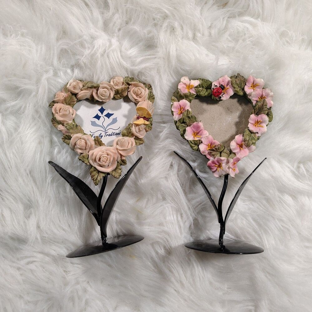 VTG Floral Cottagecore Heart Shaped Coquette Picture Frames Set Of 2